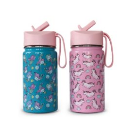 Iron Flask Kids 14-oz BPA Free Stainless Steel Insulated Water Bottles, 2 Pack, Includes 4 Reusable Straws, Choose Color