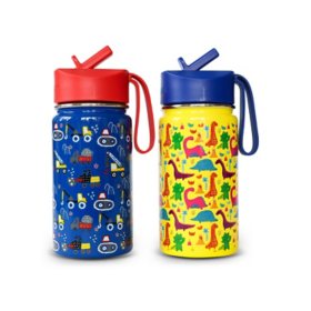 Iron Flask Kids 14-oz BPA Free Stainless Steel Insulated Water Bottles, 2 Pack, Includes 4 Reusable Straws (Assorted Colors)