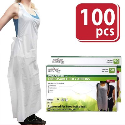 Kleen Chef Disposable Waterproof Poly Aprons, White (100 ct.)