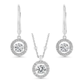 Round Cut Lab Created Gemstone & White Sapphire Dancing Pendant & Earring Set in Sterling Silver
