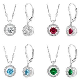 Round Cut Lab Created Gemstone Dancing Pendant & Earring Set in Sterling Silver