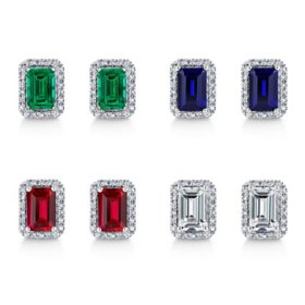 Emerald Cut Lab Created Gemstone & 0.11 CT. T.W. Diamond Stud Earrings in Sterling Silver