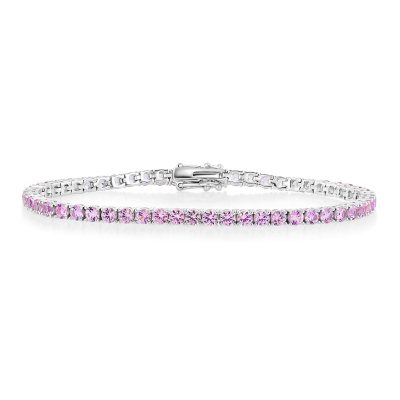 Lab Created White Sapphire Round Cut Gemstone Tennis Bracelet in Sterling Silver- Pink Sapphire, 7.5:- Lab Created Pink