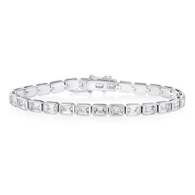 925 Sterling Silver Bezel Brace Lab Created White Sapphire Tennis Bracelet - 7.5':- Emerald Cut, 7.5'