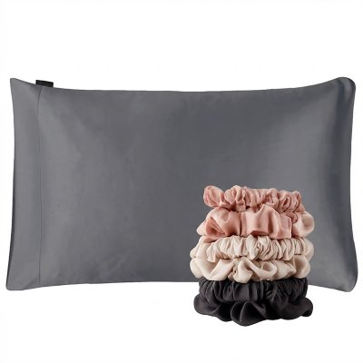 NIGHT Satin Pillowcase &amp; Scrunchies Set, 7Pc; GUNMETAL KNG:- King, Gunmetal