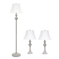 Elegant Designs Traditionally Crafted 3 Pack Lamp Set (2 Table Lamps, 1 Floor Lamp) with White Shades, Gray