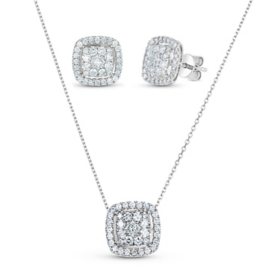 1.20 CT. T.W. Cushion Shape Diamond Pendant and Earring Set in 14K White Gold