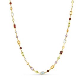 Multi Gemstone Emerald & Round Cut Necklace in 14K Yellow Gold Adjustable 18-20"