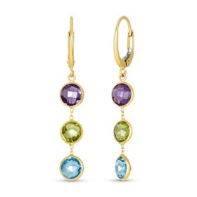 Round Cut Multi Gemstone Dangle Earrings in 14K Gold