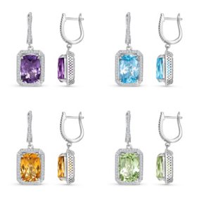 Cushion Cut Gemstone Halo Dangle Earrings in Sterling Silver