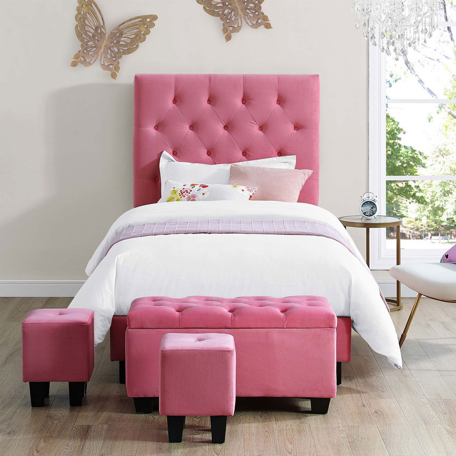 Faye Twin Upholstered Bed with Ottoman Set