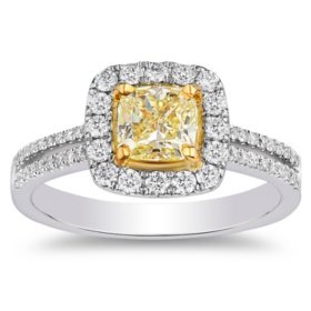 1.10 C.T. TW Cushion Shaped Natural Yellow Diamond Ring in 18K White Gold