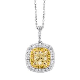 1.40 C.T. TW Cushion Cut Natural Yellow Halo Diamond Pendant in 18K Gold