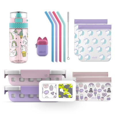 Ello 13Piece Kids Food Storage, Straws and Water Bottle Lunch Pack Set
