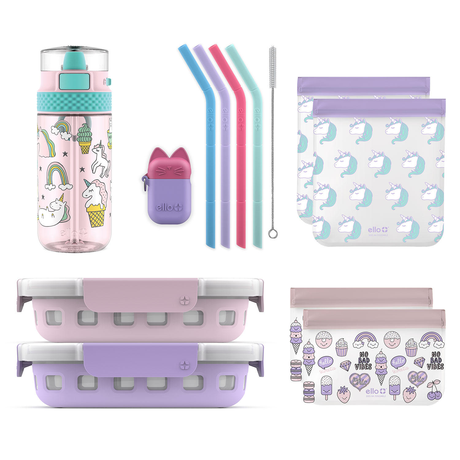Ello 13-Piece Kids Food Storage, Straws and Water Bottle Lunch Pack Set