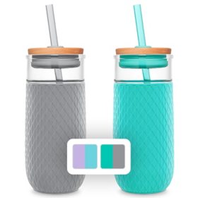 Ello Devon 18 oz. Glass Tumbler with Straw, 2 Pack (Assorted Colors)