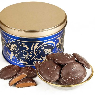 Dark Chocolate Caramel Caps with Sea Salt Gift Tin (26 oz.) - Sam's Club