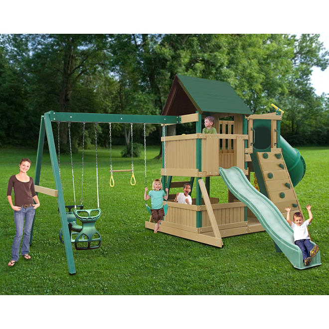 Congo Treehouse and Explorer Wooden Swing Set Green and Brown