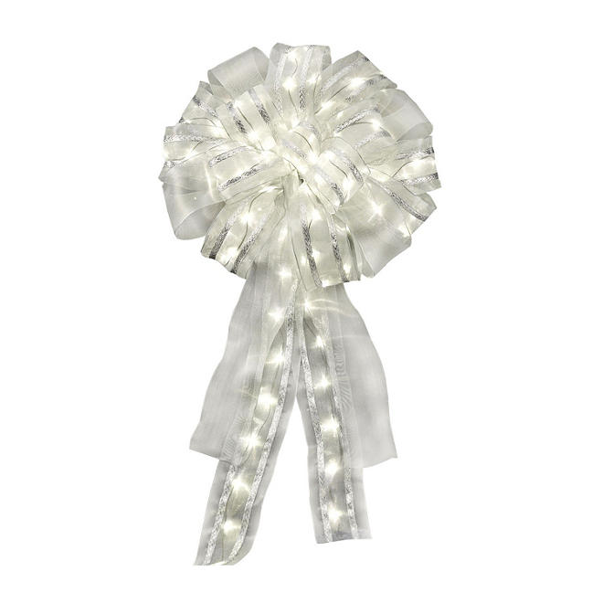 Assorted LED Lit Bow Bundle (2 Silver with Silver Trim) - 14"