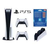 PS5 Disk with White Dualsense 5 Controller, Sony Charge Station, and 4 x $25 Playstation Store Gift Cards