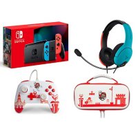 Nintendo Switch Neon with PDP LVL40 Colorblock Wired Headset and PowerA Mario Wired Controller and Protection Case