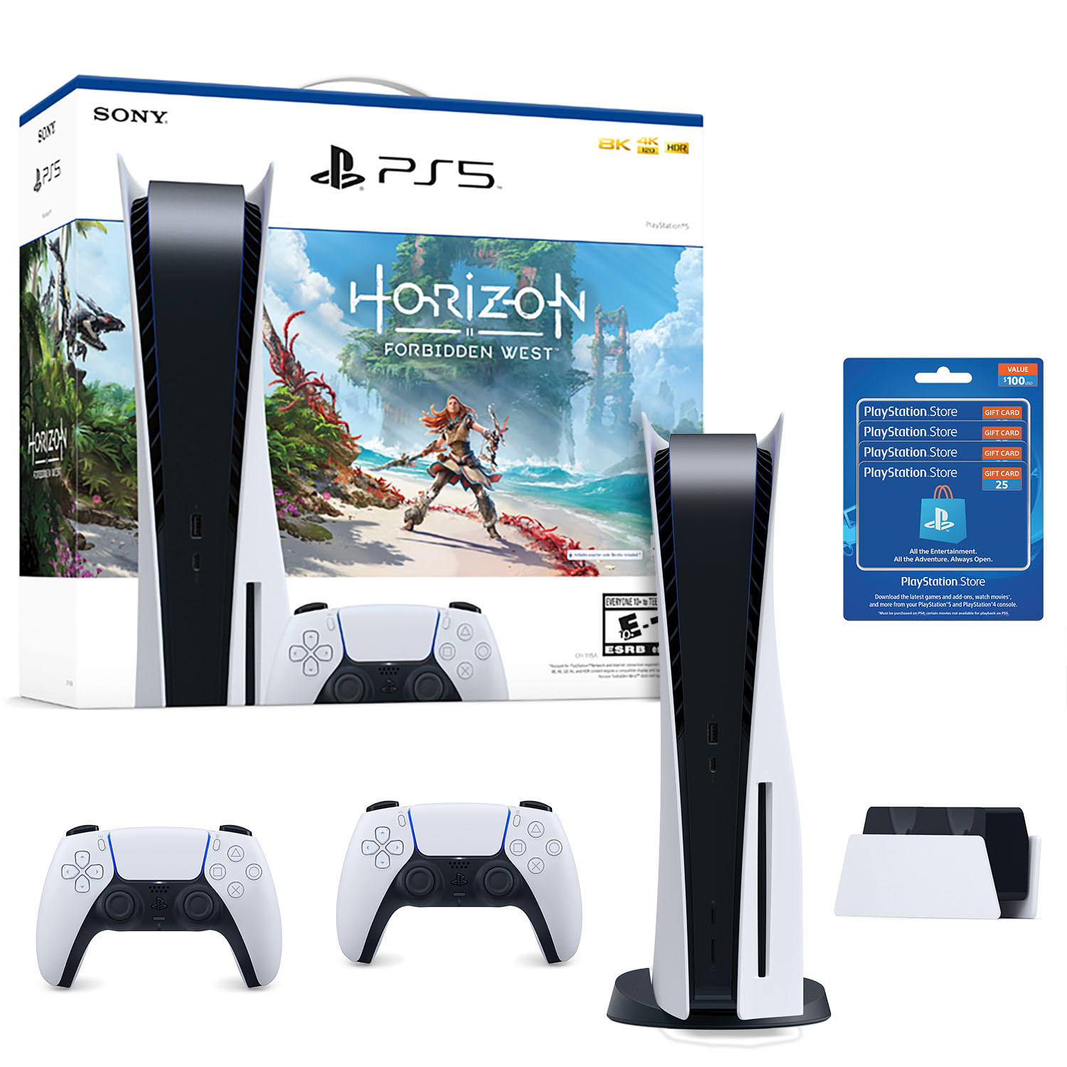 Sony PlayStation 5 PS5 Console Horizon Forbidden West Bundle, 2 Wireless DualSense Controllers, DualSense Charging Station, and 4 x $25 Playstation Store Gift Cards