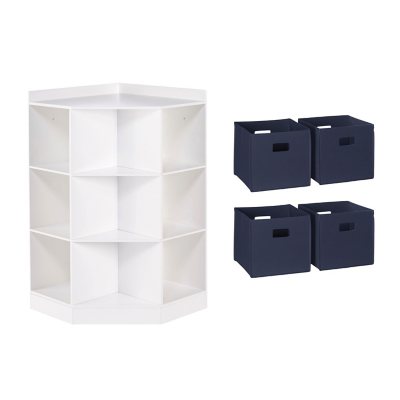 RiverRidge Kids Corner Playroom 6 Cubby Cabinet with 4 Folding Storage Bins :- White/Navy