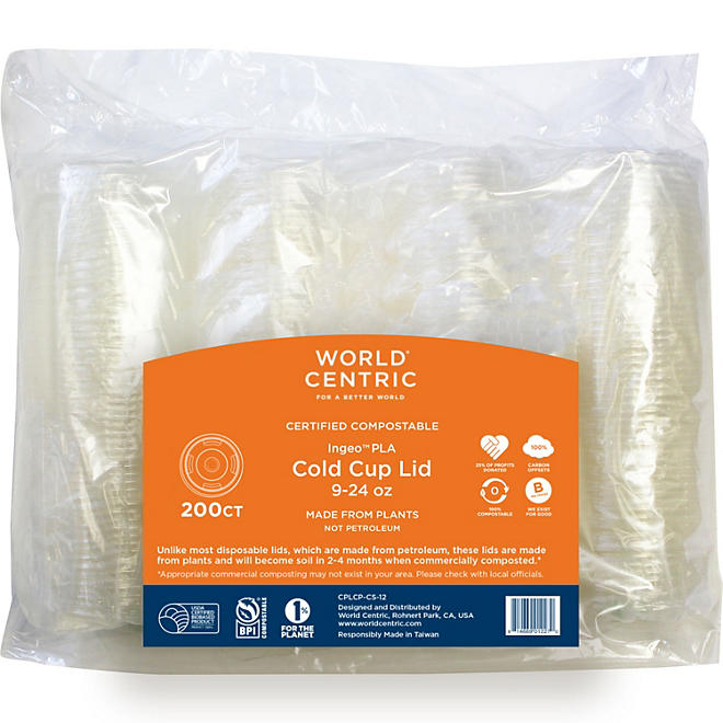 World Centric TPLA Compostable Plant-Based Cold Cup Lids, Fits 9-24 oz. 200 ct.