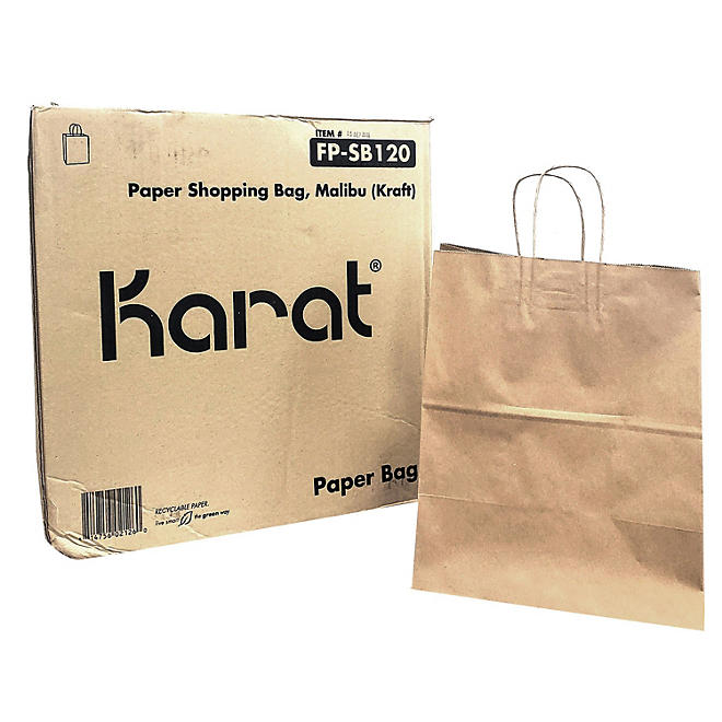 Karat Kraft Paper Bags with Twisted Handles, Large 250 ct.