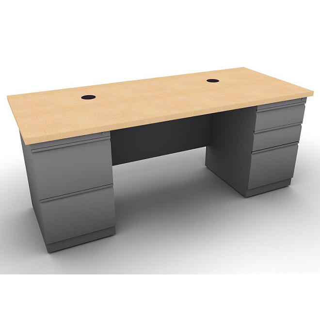 SNAP!Office Double Pedestal Linear Desk - Aluminum Gray & Amber Maple Top