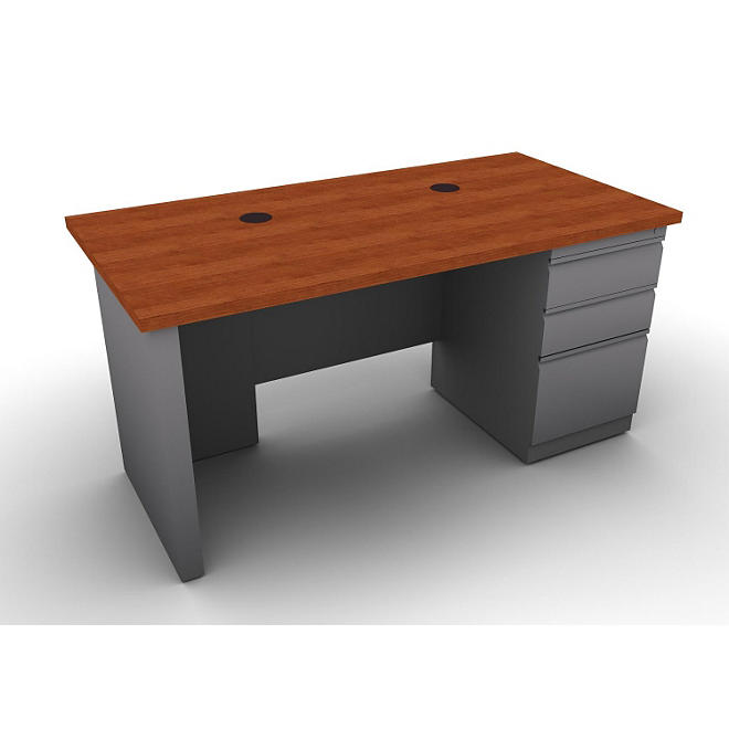 SNAP!Office Single Pedestal Linear Desk - Aluminum Gray & Blossom Cherrywood Top