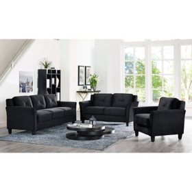 Harris Flared-Arm Style, 3-Piece Living Room Set, Black