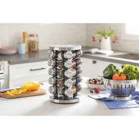 Rotating Spice Rack with 20 Blank Glass Jars Set - Stainless Steel Standing Seasoning Spice Jar Storage Organizer for Kitchen Countertop (Silver)