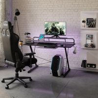 Techni Sport TS-200 Carbon Computer Gaming Desk with Shelving, Black