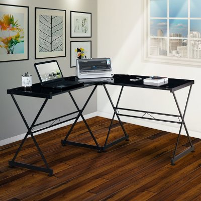 Photos - Office Desk Techni Mobili L-Shaped Glass Computer Desk, Black RTA-3805L-WHT