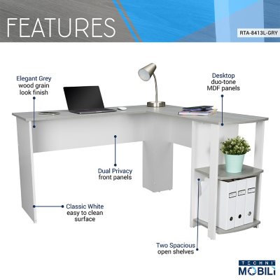 Techni Mobili Functional L-Shape Desk with Storage, Grey - Sam's Club