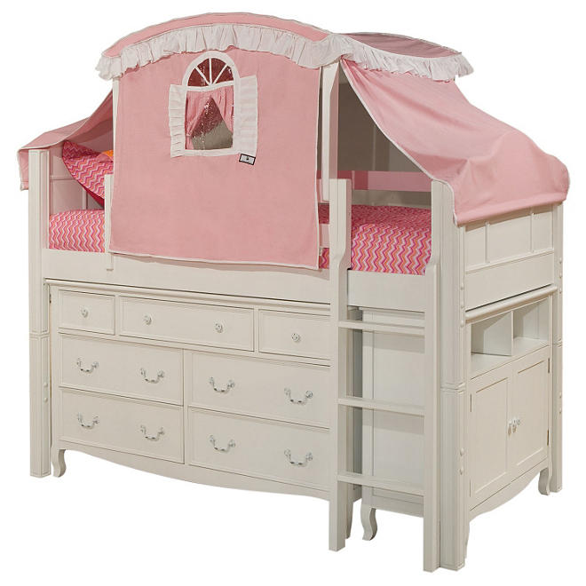 Emma Twin Loft Bed with Canopy, Dresser and Media Cabinet, White