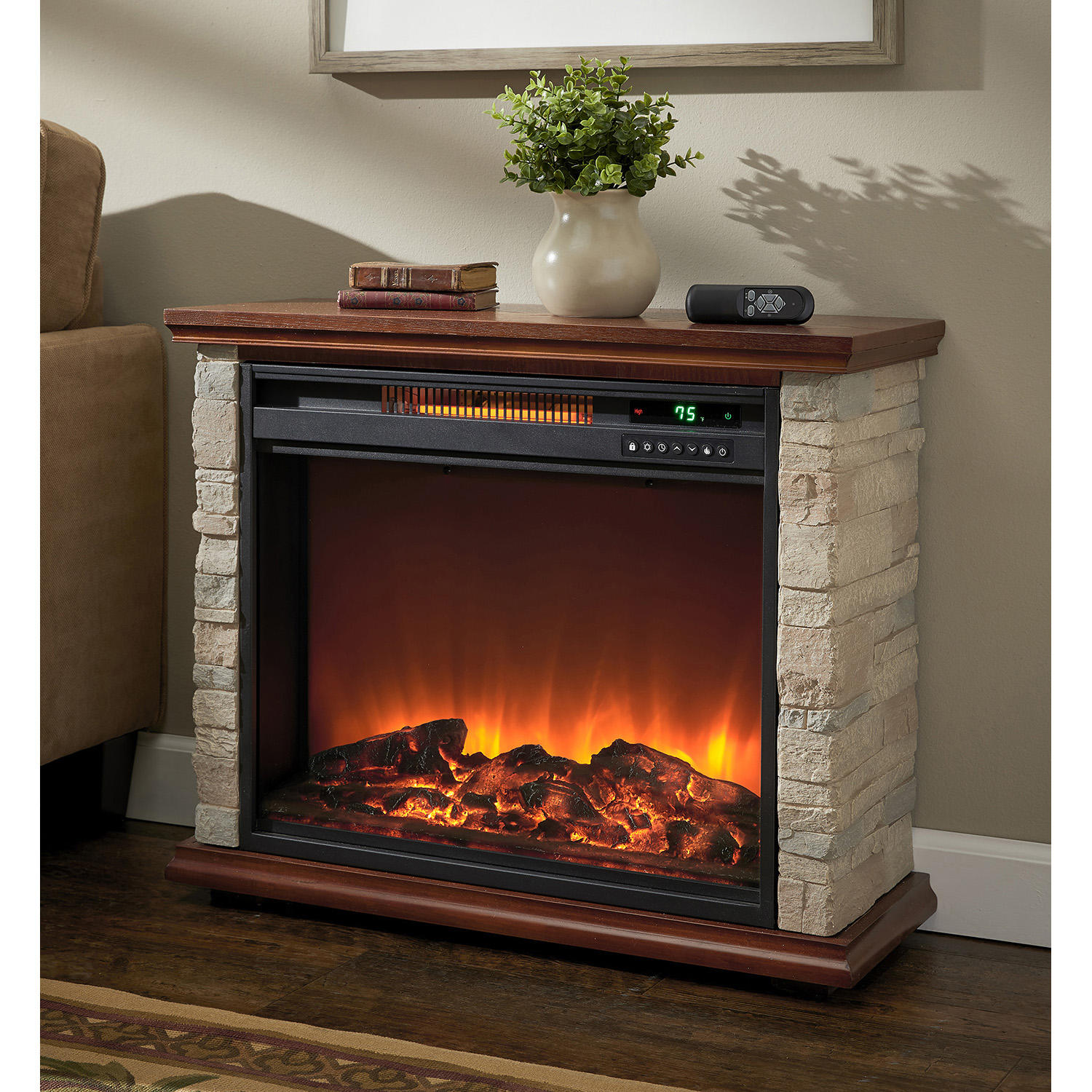Lifesmart Stone Accent Portable Freestanding Fireplace Heater with Remote Control