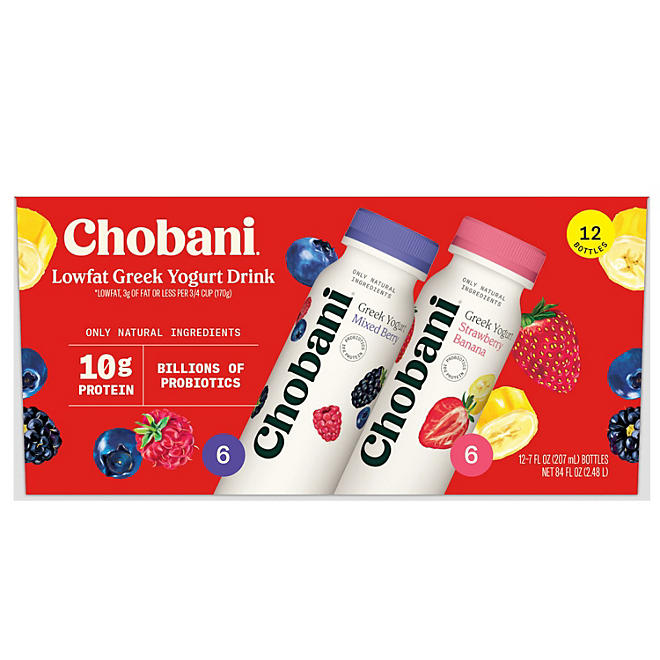 Chobani Lowfat Greek Yogurt Drink Variety Pack (7 fl. oz. bottle, 12 ct.)
