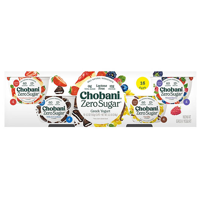 Chobani Zero Sugar Nonfat Blended Greek Yogurt Variety Pack (5.3 oz., 16 ct.)