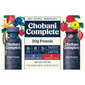 Chobani Complete Protein Lowfat Greek Yogurt Shakes Variety Pack, 10 fl. oz. bottle, 8 ct.