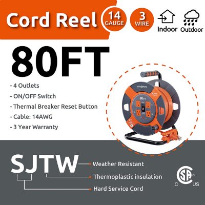 Link2Home Cord Reel 80' Extension Cord with 4 Power Outlets – 14 AWG SJTW  Cable - Sam's Club