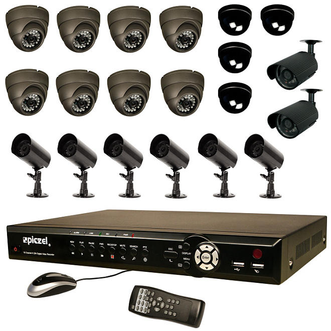 Piczel 7216  16 CH Complete System with H.264 DVR, 1TB Hard Drive, 16 IR CCD Cameras, E-Mail, Text, & 3G/4G Monitoring