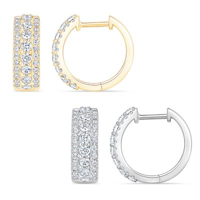 1.00 CT. T. W. Round Cut Three Row Diamond Huggie Hoop Earrings in 14K Gold:- White Gold