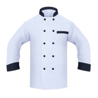 Chef Coat with Long Sleeve, 2 Pockets (1 Thermoter, 1 Chest), White with Black Collar, Cuffs, and buttons (2 Pack) - Choose a size