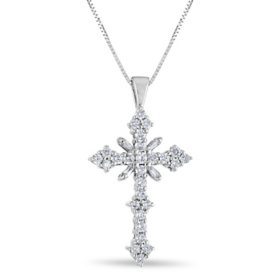 Baguette and Round Cut Diamond Cross Pendant Necklace in 14K Gold