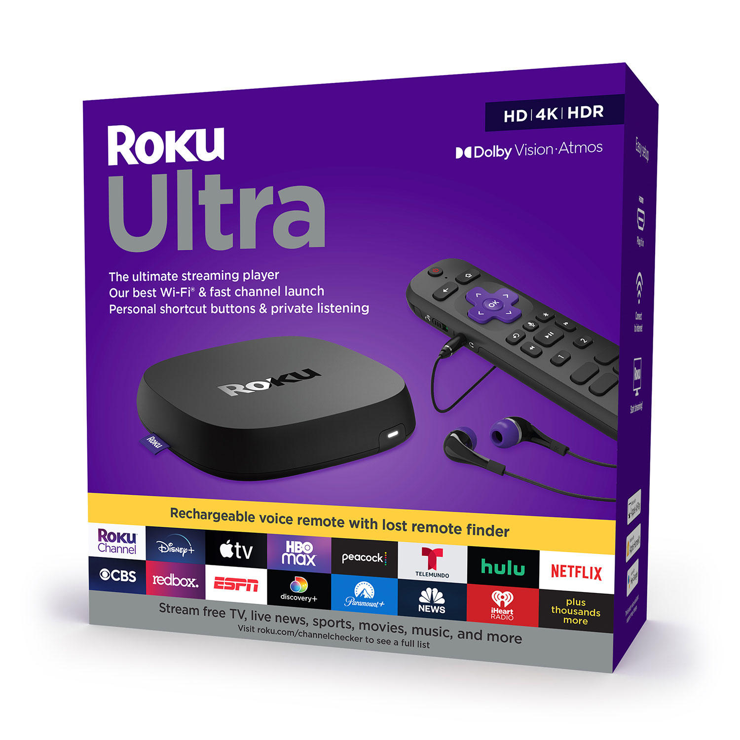 Roku Ultra 4K/HDR/Dolby Vision Streaming Device and Roku Voice Remote Pro with Rechargeable Battery, Hands-Free Voice