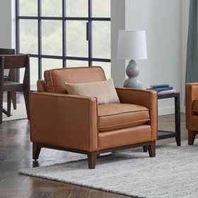 Newfield Leather Wood Base Accent Chair, Chestnut Leather
