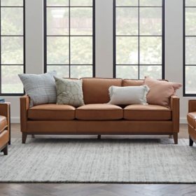 Newfield Leather Wood Base Sofa, Chestnut Leather