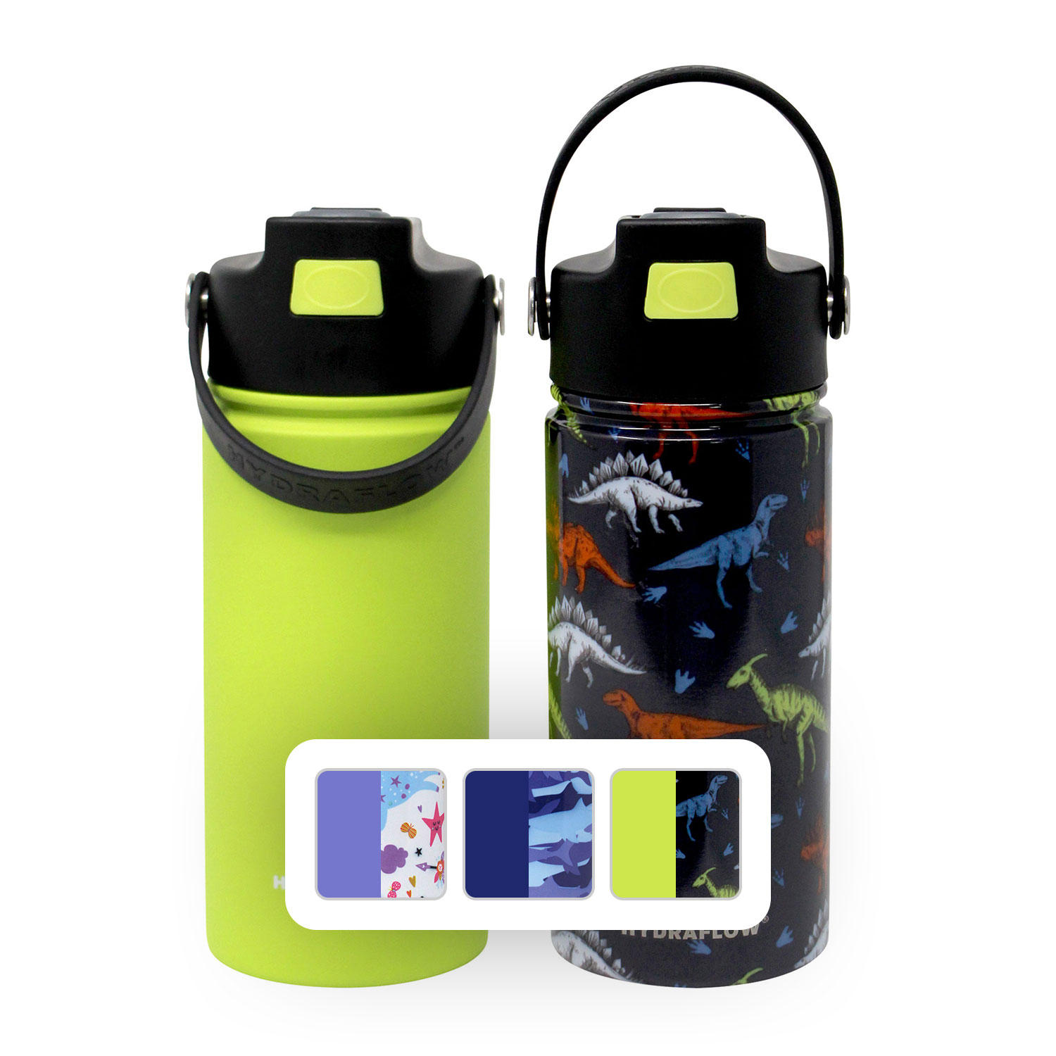 Hydraflow 14oz. Double Wall Stainless Steel Vacuum Insulated Kids HYBRID Bottle, Set of 2-Lime/Dinosaur